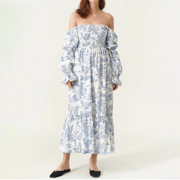 Little White House Co. Dresses & Skirts - Off-Shoulder Blue & White Toile Maxi Dress
